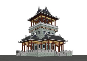 某古典中式精致塔楼建筑设计SU(草图大师)模型