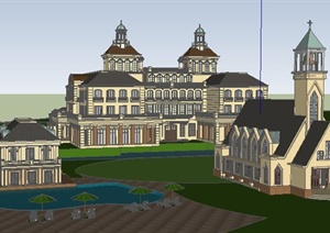 欧式教堂、酒店sketchupSU(草图大师)模型