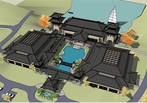 某精致日式风格酒店建筑设计SU(草图大师)模型