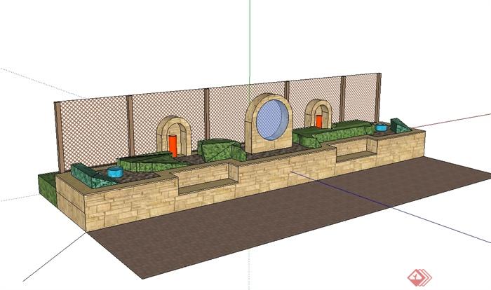 某现代风格围栏、种植池、种植池坐凳组合设计su模型(1)