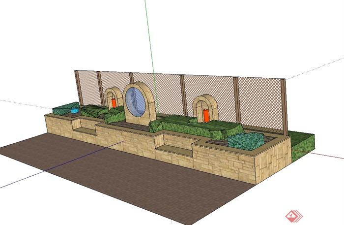 某现代风格围栏、种植池、种植池坐凳组合设计su模型(2)