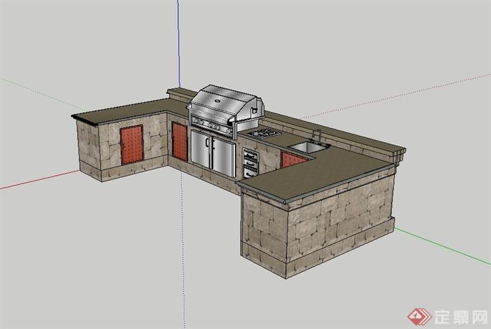 某现代室外庭院烧烤台设计su模型(2)