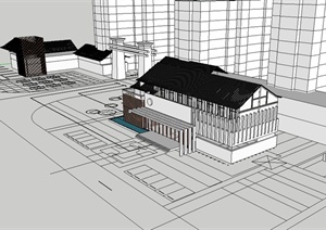 现代中式风格小区前售楼处建筑设计SU(草图大师)模型