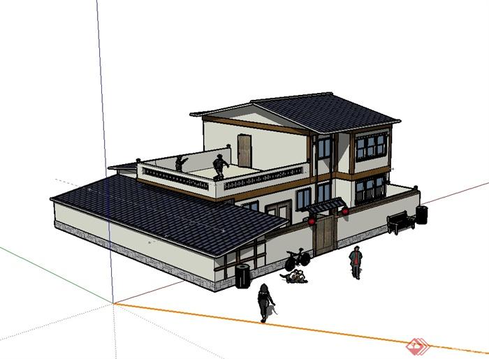 现代中式风格村镇住宅楼建筑设计su模型(2)