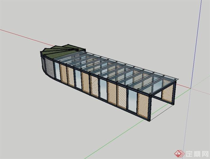 某现代风格车库入口玻璃廊架设计su模型(2)