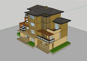多层现代别墅建筑设计SU(草图大师)模型+施工图