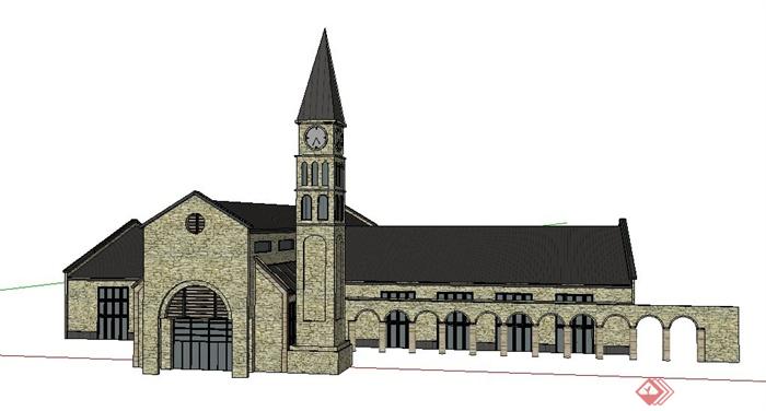 英式风格礼堂教堂建筑su模型(1)