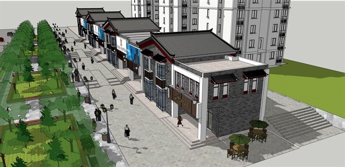 中式风格沿街商铺商业建筑su模型