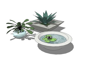 三种不同的现代花钵植物SU(草图大师)模型