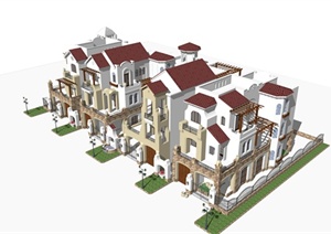 西班牙风格联排住宅别墅建筑设计SU(草图大师)模型