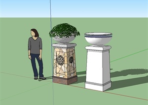 欧式风格花钵柱花钵植物设计SU(草图大师)模型