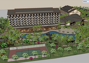 东南亚风格度假酒店建筑及景观设计SU(草图大师)模型