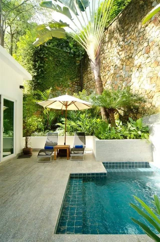 庭院,庭院花园,水池,伞躺椅,景墙