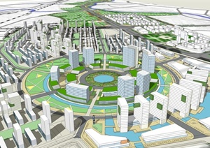 某现代城市副中心规划设计SU(草图大师)模型含建筑