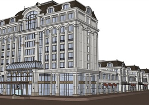 法式风格酒店及沿街商铺建筑SU(草图大师)模型