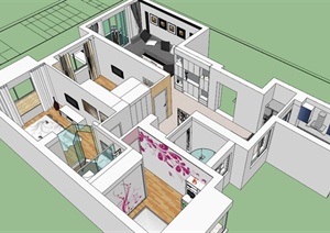 三室两厅住宅空间设计SU(草图大师)模型素材