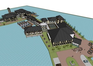 东南亚风格沿湖闲度假酒店建筑设计SU(草图大师)模型