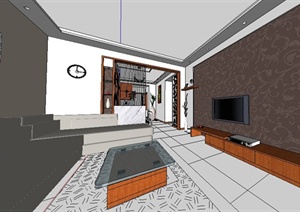 现代客餐厅、书房、卫生间室内设计SU(草图大师)模型