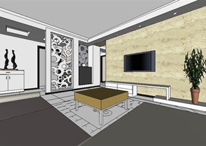 现代客餐厅、卧室、卫生间室内设计SU(草图大师)模型