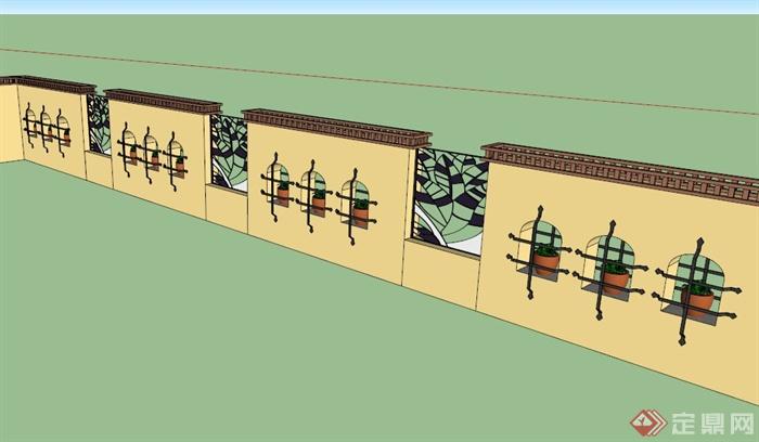 铁艺花钵装饰围墙设计SU模型(1)