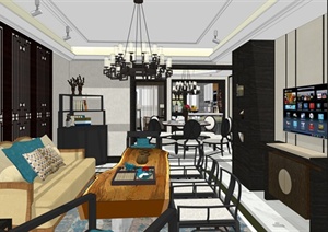 新中式公寓住宅空间设计SU(草图大师)模型