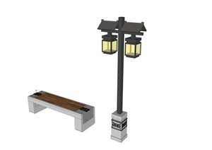 某现代中式风格中式坐凳、路灯组合设计SU(草图大师)模型