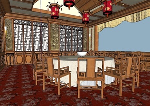 古典中式宴会餐厅设计SU(草图大师)模型