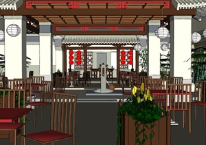 某现代中式风格餐饮空间设计SU(草图大师)模型