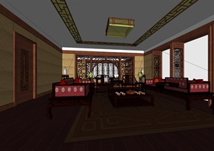 某现代中式风格住宅空间室内客厅设计SU(草图大师)模型