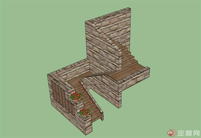 别墅建筑木台阶设计SU模型(1)