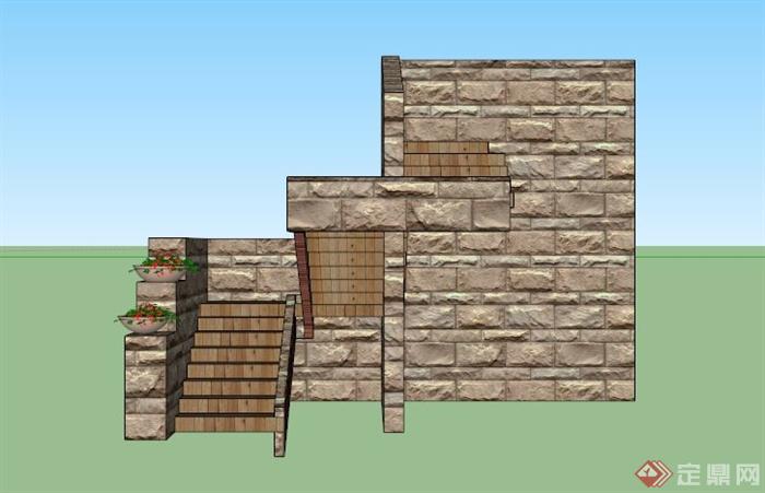 别墅建筑木台阶设计SU模型(3)