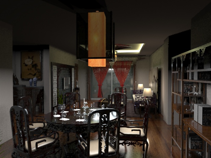 现代中式风格室内客厅餐厅卧室3d模型含家具设计