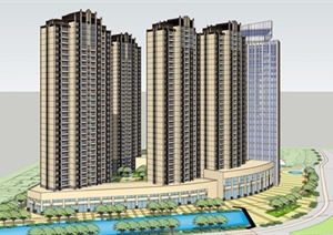 现代高层住宅+办公+商业建筑设计SU(草图大师)模型