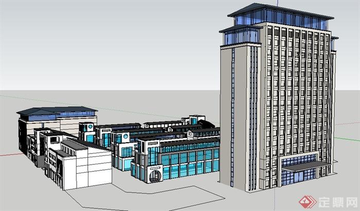 中式办公楼及商业街建筑su模型(1)