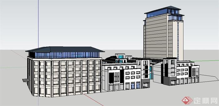中式办公楼及商业街建筑su模型(2)
