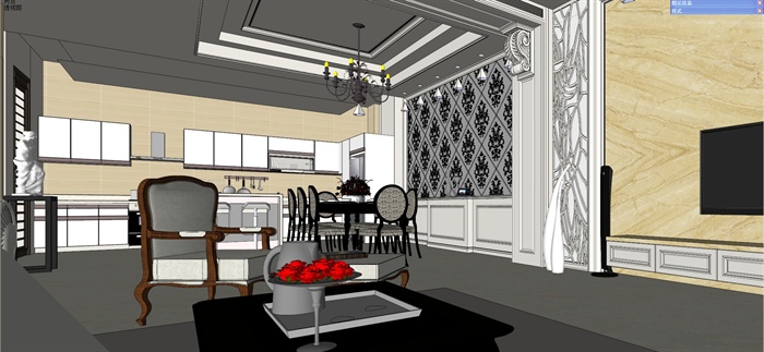 新古典住宅客厅餐厅室内设计su模型