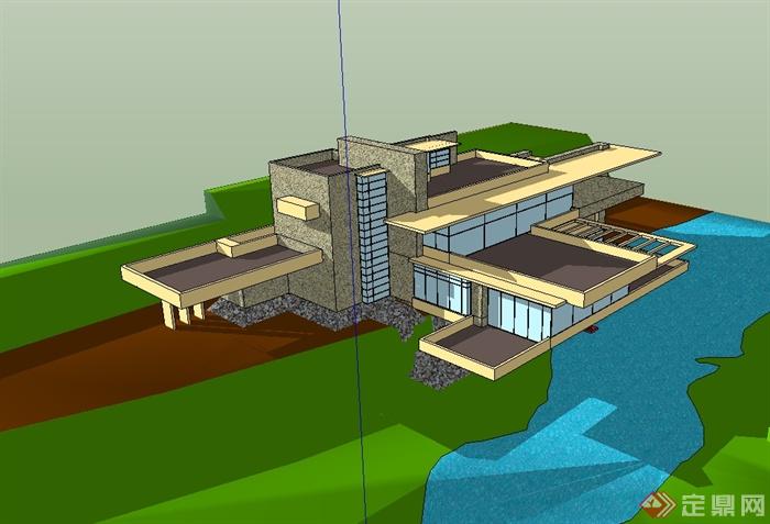 现代流水别墅建筑设计su模型(2)