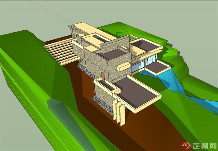 现代流水别墅建筑设计su模型(3)