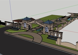 某现代风格住宅小区主入口设计SU(草图大师)模型