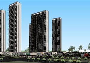 现代高层住宅楼建筑及广场景观SU(草图大师)模型