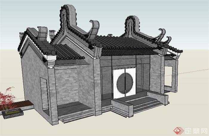 古典中式住宅入口门房建筑su模型(2)