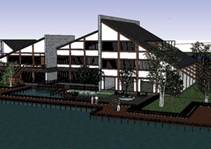 中式滨湖会所建筑设计SU(草图大师)模型