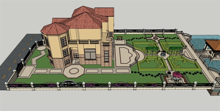 欧式风格别墅建筑及庭院景观su模型