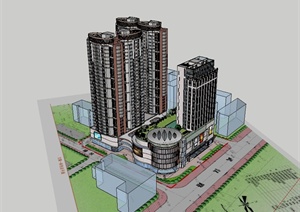 现代风格商业办公、商业住宅综合体建筑设计SU(草图大师)模型