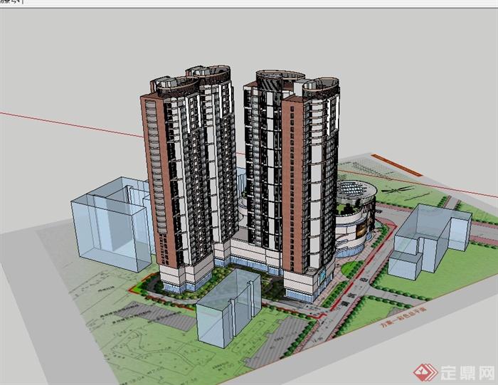 现代风格商业办公、商业住宅综合体建筑设计su模型(2)