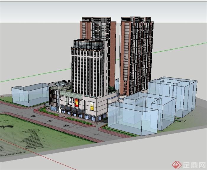 现代风格商业办公、商业住宅综合体建筑设计su模型(3)