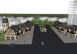 英式小镇小区入口商业楼建筑设计SU(草图大师)模型