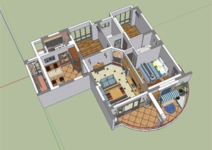 某现代风格精致完整制作空间室内装饰设计SU(草图大师)模型含阳台