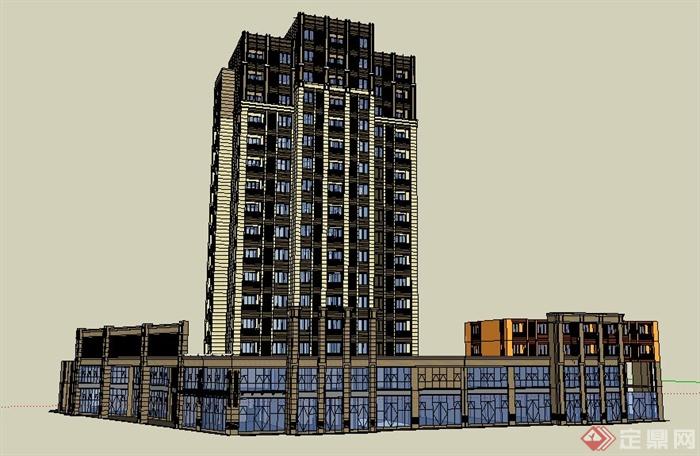 新古典转角商铺及商住楼建筑su模型(1)