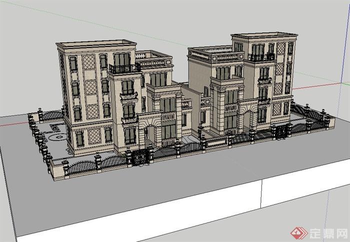 新古典双拼别墅楼建筑设计SU模型(1)